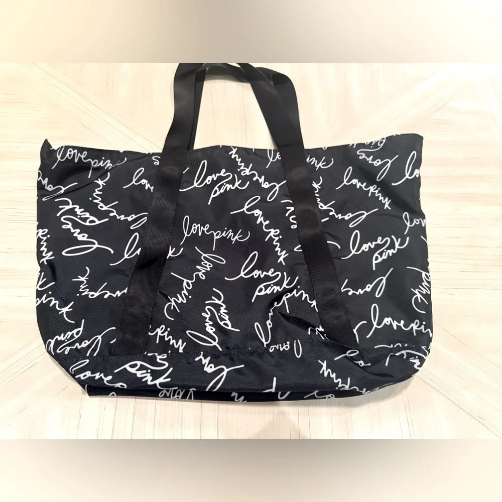 Victoria’s Secret PINK Black & White Script Logo Weekender Tote Bag NWOT
